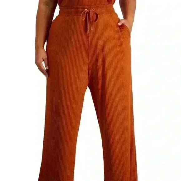 Calvin Klein Women Wide Leg Pants 2X Rust Ribbed Knit Pull on Loungewear Stretch - Picture 1 of 8